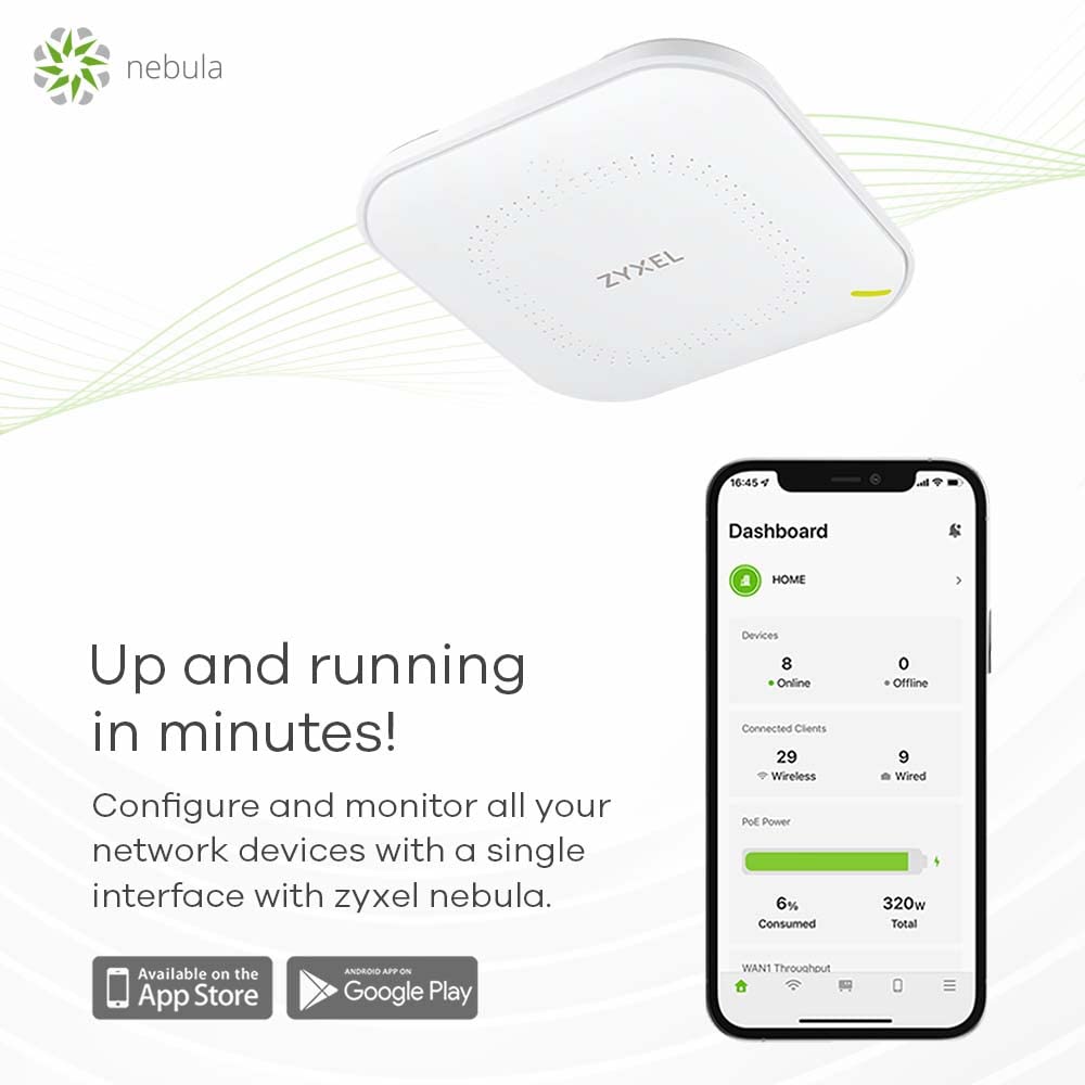 Zyxel Cloud WiFi6 AX1800 – Wireless Access Point, Dualband, 1,8 Gbit/s, PoE, Wandmontage