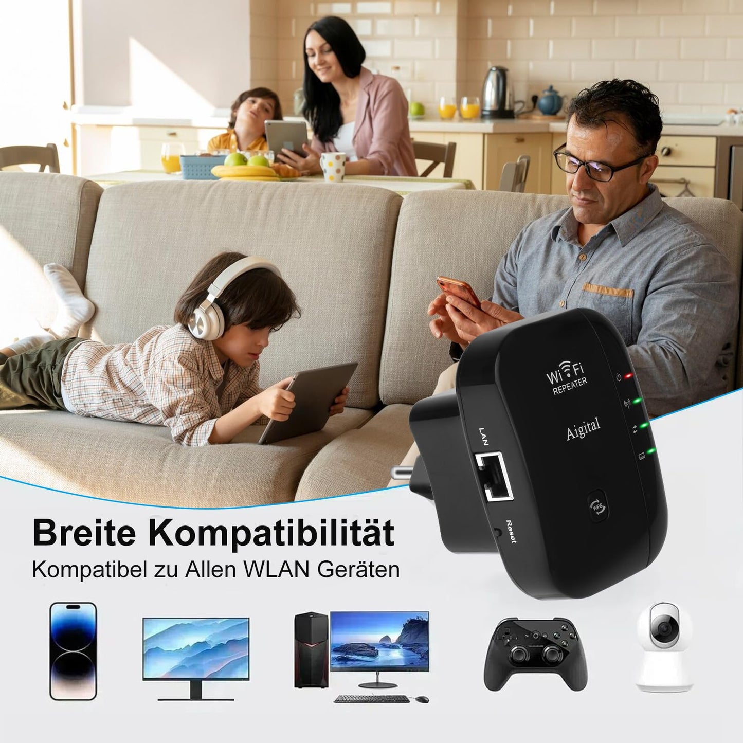 WLAN Repeater N300 – Verstärker mit Ethernet-Port, LED-Anzeige, kompakt